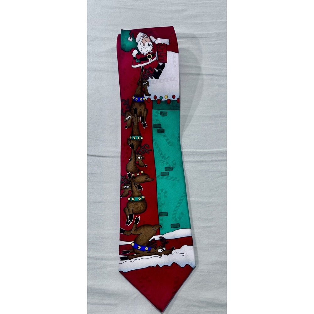 Yule TIE Greetings 100% Silk Hallmark Santa Reindeer Rooftop Chimney Necktie